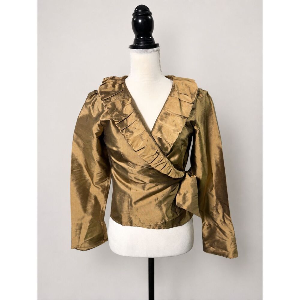 Sunny Taylor Silk Wrap Blouse Size 4 Bronze Ruffle Tie Front Long Sleeve Top